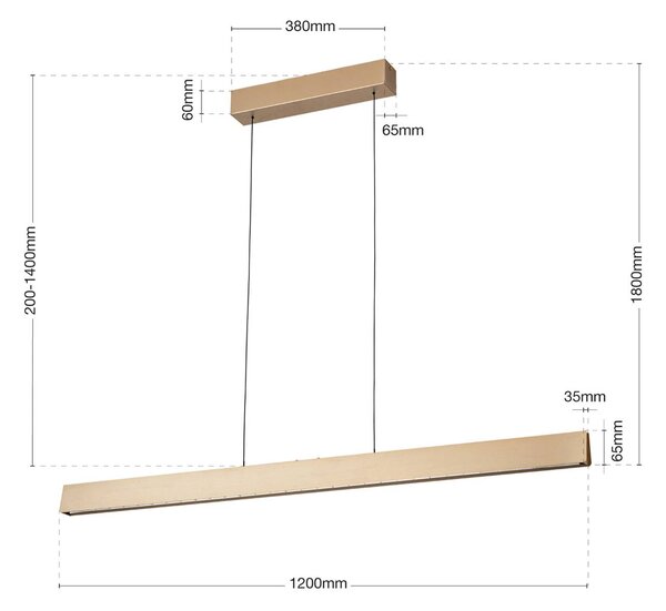 ORION LED závěsné svítidlo Tara, zlatá barva, délka 120 cm, hliník/ocel, stmívatelný, Mosaz / zlato, Obývací pokoj / jídelna, Hliník, Moderní