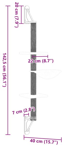 Nástěnné škrabadlo pro kočky se sloupkem krémové 142,5 cm 172395