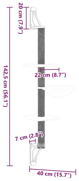 Nástěnné škrabadlo pro kočky se sloupkem světle šedé 142,5 cm 172396