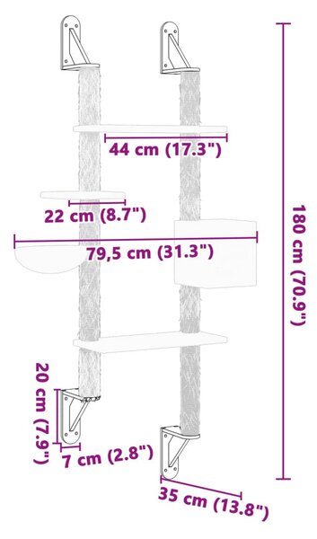 Nástěnné škrabadlo pro kočky se sloupkem světle šedé 180 cm 172402