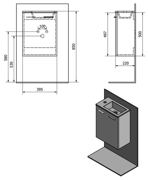 Aqualine Bruckner, ZOJA skříňka s keramickým umyvadlem 40x22 cm, dub platina, 51049DP-02