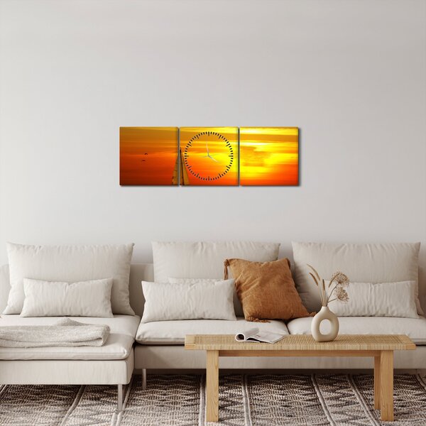 Obraz západu slunce s jachtou (s hodinami) (90x30 cm)