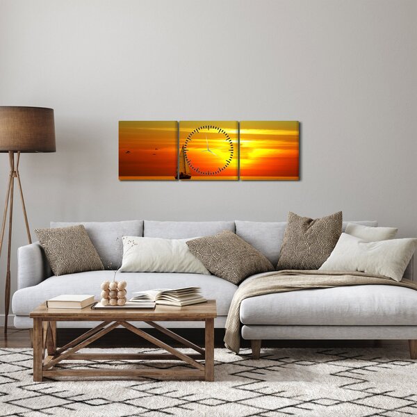 Obraz západu slunce s jachtou (s hodinami) (90x30 cm)