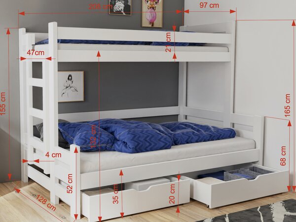 Dvoupatrová postel s úložným prostorem 90/120x200 CHARA - bílá, pravé provedení