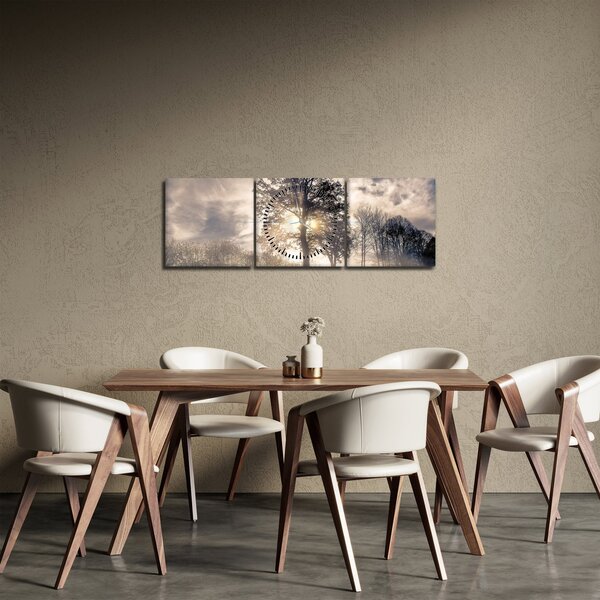 Obraz stromu v mlze (s hodinami) (90x30 cm)