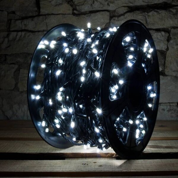 DECOLED Easy Fix LED světelný řetěz, 100 m, venkovní, ledově bílá, 1000 diod, IP67, černý kabel, IP67, cívka