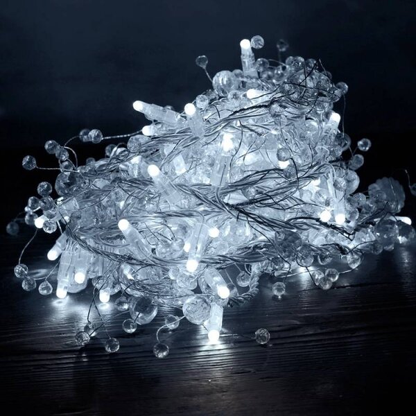 DECOLED Eco Fix LED světelný řetěz, venkovní s krystalky, ledově bílá s FLASH, 8 m, 80 diod, čirý kabel, IP44, 24V