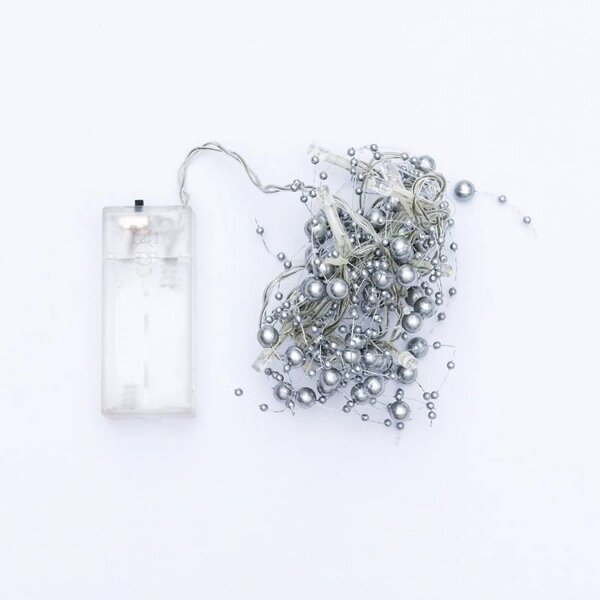 DECOLED LED světýlka na baterie, perly stříbrné, 1,3 m, ledově bílá, 10 diod, čirý kabel, IP20 interiér, 2 × AA