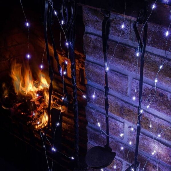 DECOLED LED světelný řetěz, kapičky, 12 pramenů × 1,5 m , venkovní, ledově bílá, 180 diod, stříbrný kabel, IP44, vč. zdroje