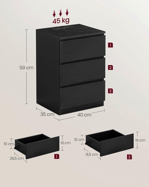 SADA NOČNÍCH STOLKŮ, černá, 40/59/35 cm MID.YOU, Online Only