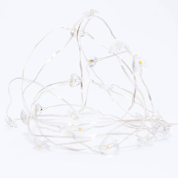DECOLED LED světýlka na baterie, srdíčka, 2,3 m, teple bílá, 20 diod, čirý kabel, IP20 interiér, 3 × AA