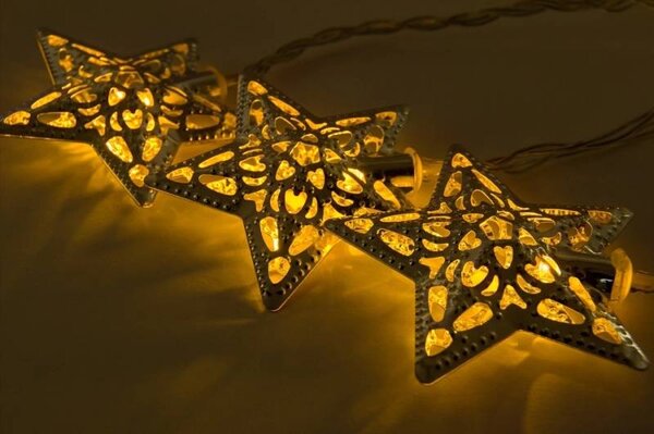 DECOLED LED světelný řetěz, kovové hvězdy, 7 m, vnitřní, teple bílá, 20 diod, čirý kabel, IP20, vč. zdroje