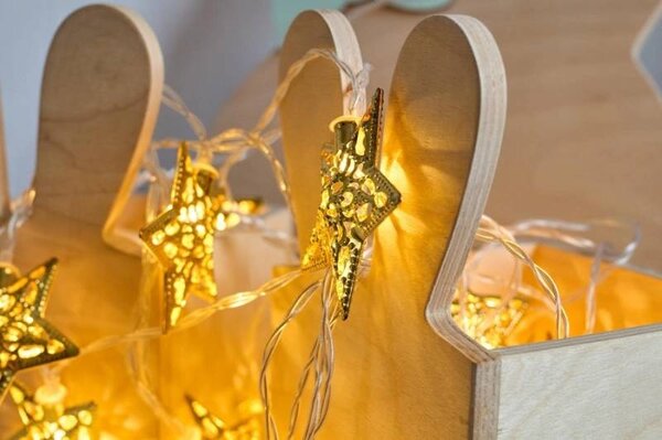 DECOLED LED světelný řetěz, kovové hvězdy, 7 m, vnitřní, teple bílá, 20 diod, čirý kabel, IP20, vč. zdroje