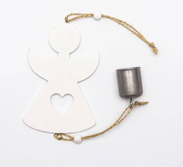 DECOLED Vánoční dřevěná ozdoba na stromeček anděl 12 × 8 cm se zvonkem 3 cm, závěsná, bílá