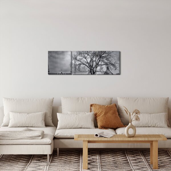 Obraz černobílé vesnice (s hodinami) (90x30 cm)