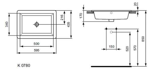 Ideal Standard Strada - Umyvadlo zápustné 595x435 mm, s přepadem, bílá K078001