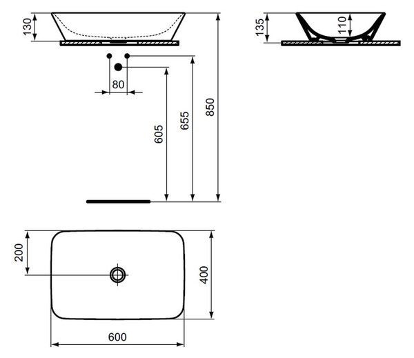 Ideal Standard Connect Air - Umyvadlová mísa 600x400 mm, bez přepadu, bílá E034801