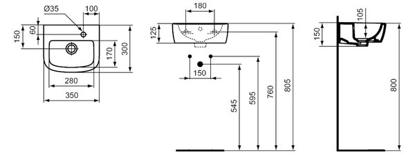 Ideal Standard Tempo - Umyvátko 350x300 mm, otvor vpravo, s přepadem, bílá T059701