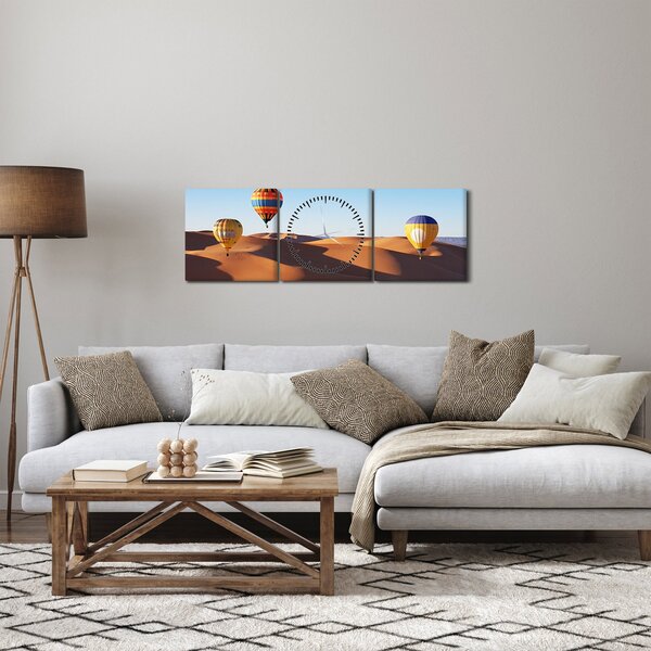 Obraz - létající balóny v poušti (s hodinami) (90x30 cm)