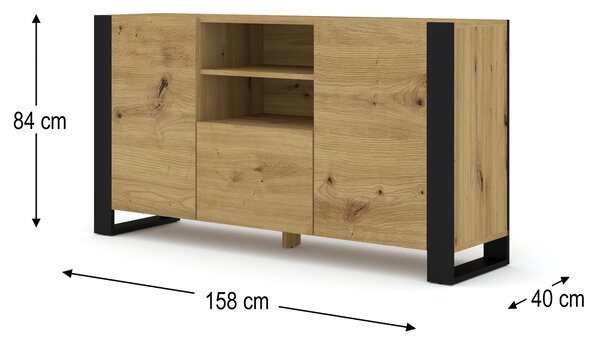 Komoda MONDI 158 cm Příborník Highboard Cabinet Řemeslně zpracovaný dub Černé nohy