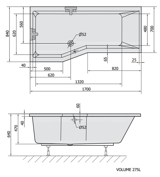 Polysan Polysan, VERSYS L asymetrická vana 170x84x70x47cm, bílá, 70111