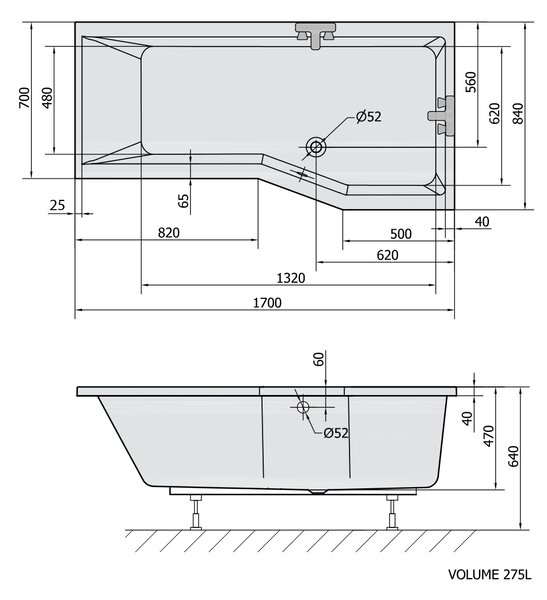 Polysan Polysan, VERSYS R asymetrická vana 170x84x70x47cm, bílá, 70611