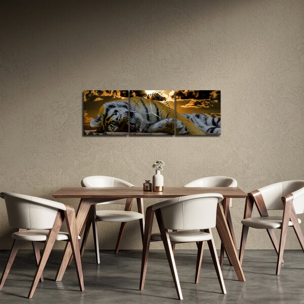 Obraz spícího tygra (s hodinami) (90x30 cm)