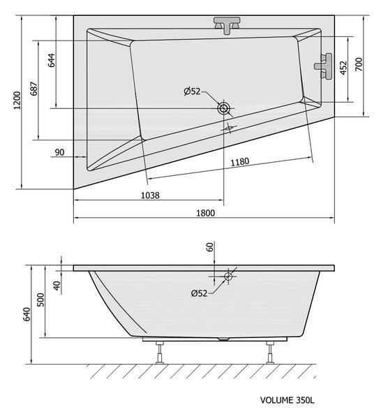 Polysan Polysan, TRIANGL L asymetrická vana 180x120x50cm, bílá, 19611