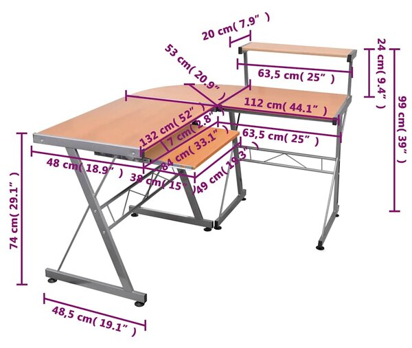 Rohový počítačový stůl Hnědý 132 x 112 x 99 cm kompozitní dřevo 20586