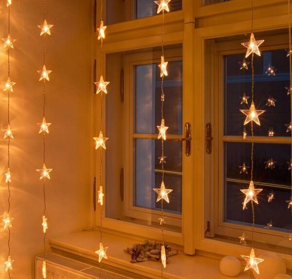 DECOLED LED vánoční svíticí hvězdy do okna, 120 × 120 cm teple bílá, 30 diod, čirý kabel, IP20 do interiéru, prodlužovací