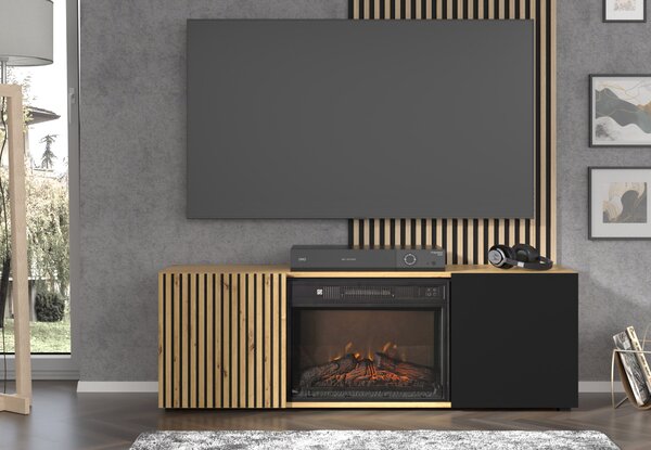 TV skříňka/stolek s krbem Aurella (černá + dub artisan)