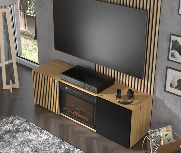 TV skříňka/stolek s krbem Aurella (černá + dub artisan)