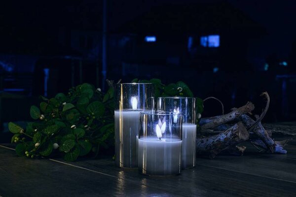 DECOLED Sada 3 LED svíček ve skle, šedá, Ø 7,5 × 10/12,5/15 cm, s dálkovým ovladačem
