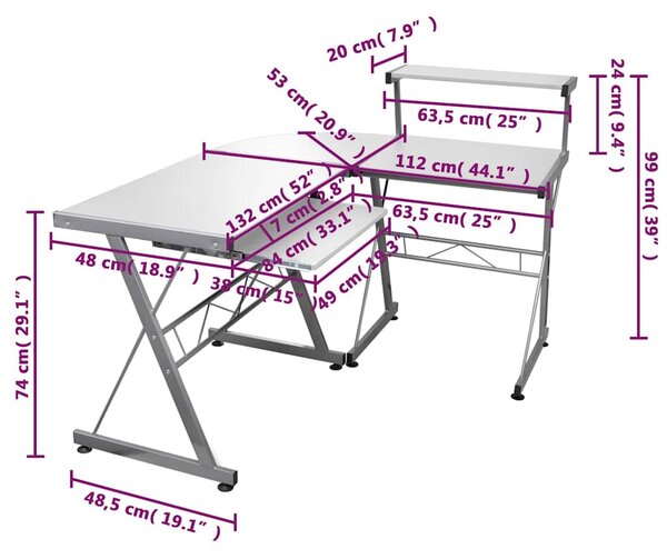 Rohový počítačový stůl Bílý 132 x 112 x 99 cm kompozitní dřevo 20587