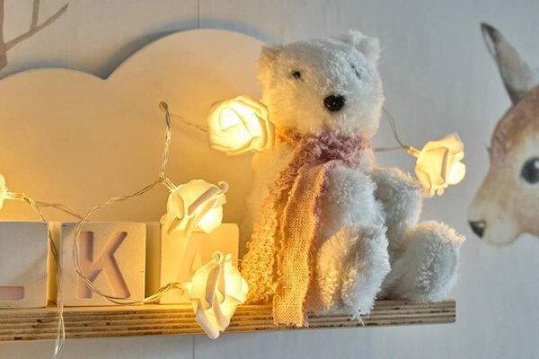 DECOLED LED světýlka na baterie, růžičky, 1,8 m, teple bílá, 10 diod, čirý kabel, IP20 interiér, 2× AA