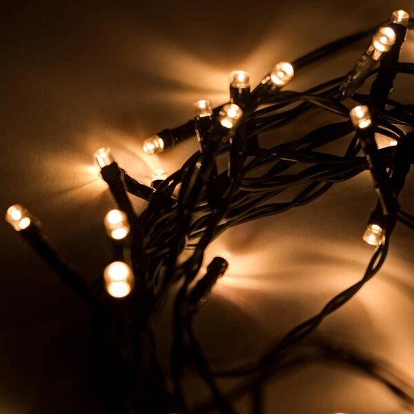 DECOLED LED světýlka na baterie, venkovní, 5,2 m, teple bílá, 50 diod, tmavě zelený kabel, IP44, ovladač, 4 × AA