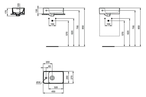 Ideal Standard Strada II - Umyvátko 450x270 mm, s otvorem nalevo, bílá T299501