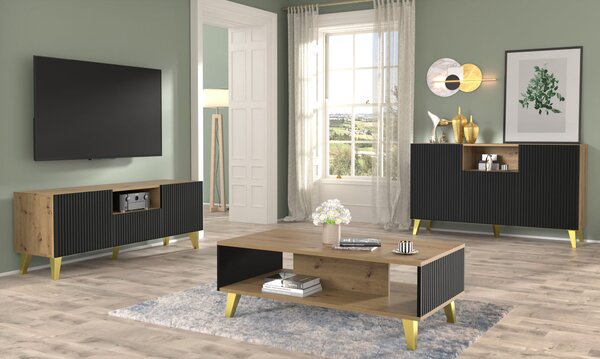 TV skříňka/stolek PB 150 2D1S Rowanna (dub artisan + černá + zlatá)