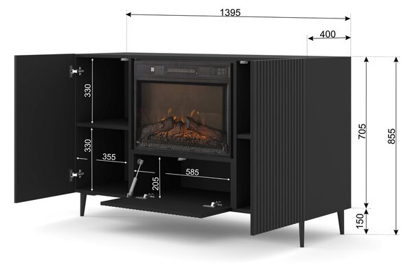 Komoda s elektrickým krbem 2D1K Rowanna (černá)