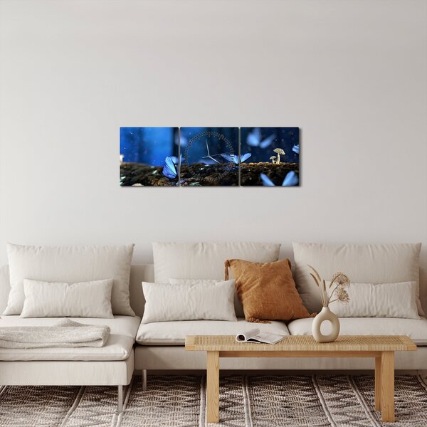 Obraz modrých motýlů (s hodinami) (90x30 cm)