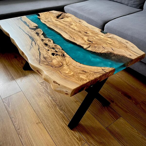 Konferenční epoxy stůl masiv olivovník River, 80x50 cm, výška 46 cm