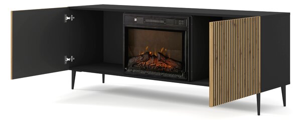 BIM TV skříňka RAVENNA FPB 2D 170 cm C s krbem černá / Artisan + černé špendlíky