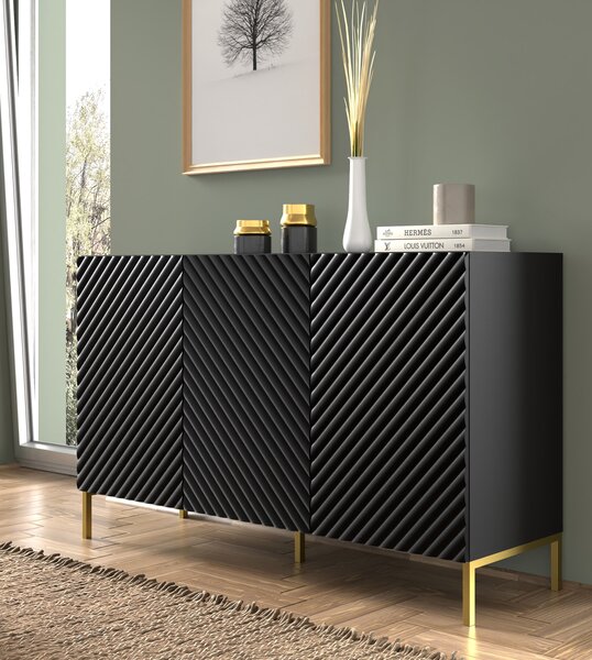 Komoda SURF 3D 150 cm BLACK MATT Příborník 3 dveře s frézovanými čely MDF Vysoká skříň Bufett BEINE GOLDEN