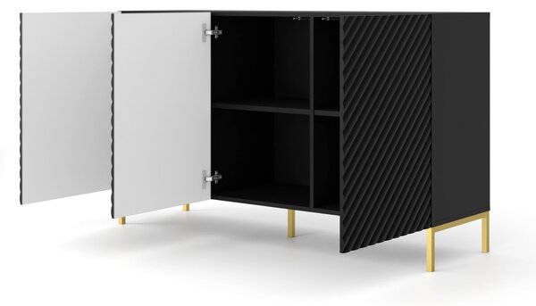 Komoda SURF 3D 150 cm BLACK MATT Příborník 3 dveře s frézovanými čely MDF Vysoká skříň Bufett BEINE GOLDEN