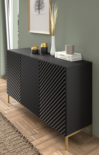 Komoda SURF 3D 150 cm BLACK MATT Příborník 3 dveře s frézovanými čely MDF Vysoká skříň Bufett BEINE GOLDEN