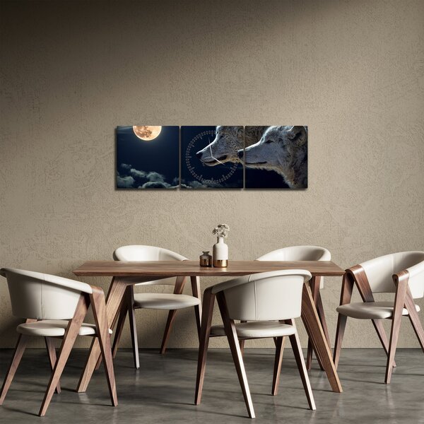 Obraz vlků vyjících na měsíc (s hodinami) (90x30 cm)