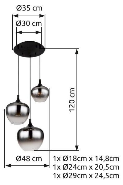 GLOBO 15548-3H MAXY závěsné svítidlo D480mm 3xE27 matná černá, kouřová