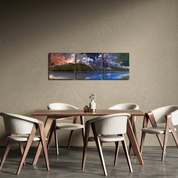 Obraz jezera a hor (s hodinami) (90x30 cm)