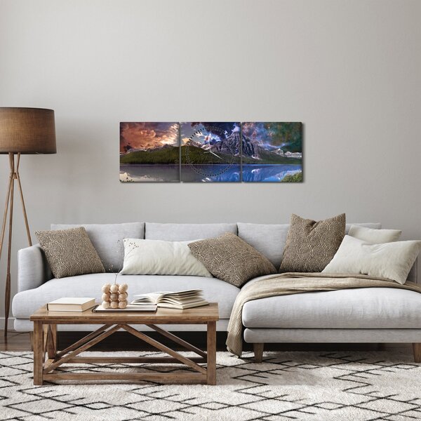 Obraz jezera a hor (s hodinami) (90x30 cm)