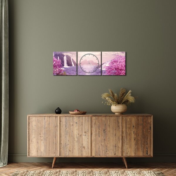 Obraz růžových stromů s jezerem (s hodinami) (90x30 cm)